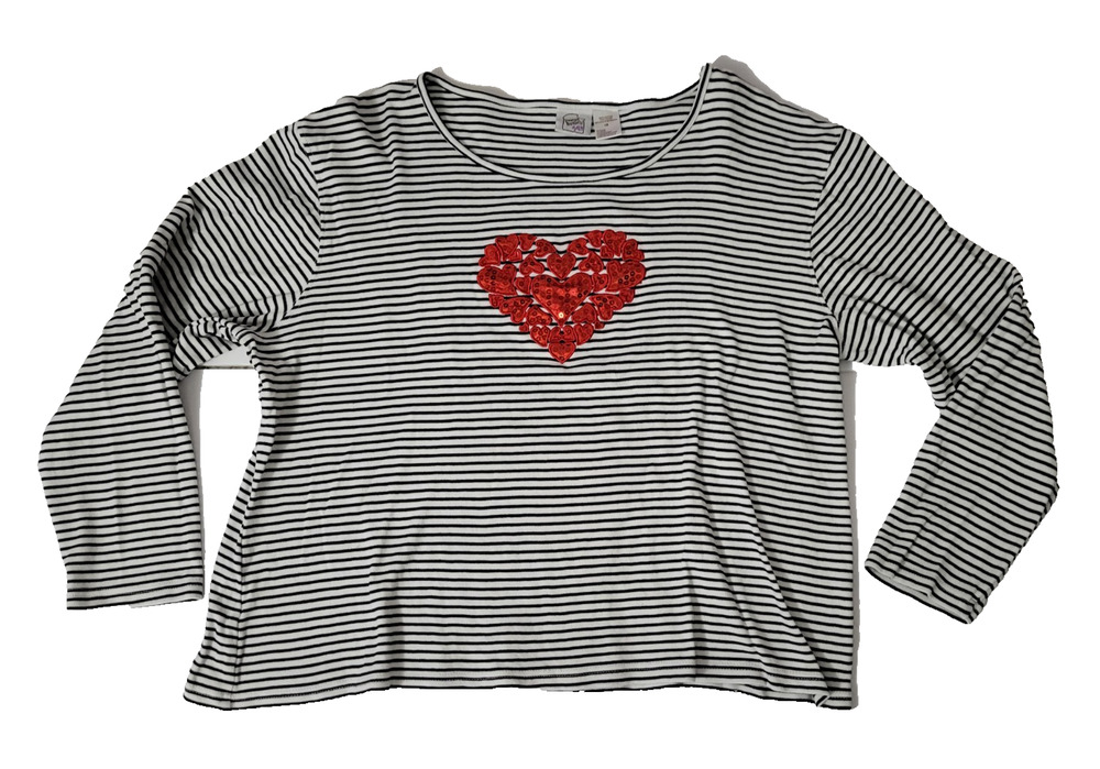 Peanut Butter & Jelly Womens 1X Striped Sequin Heart Long Sleeve Top Black White